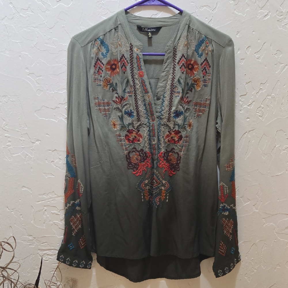 Olive Embroidered V-Neck Blouse